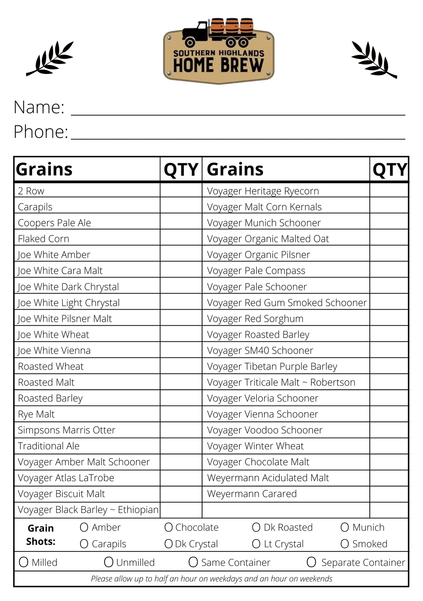 Grain Order Sheet